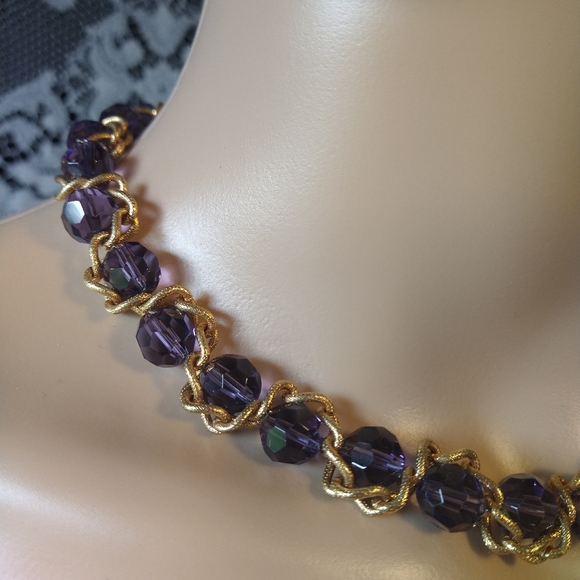 Purple crystal bead and gold tone necklace 16 - 18 inches twisted rope choker - Picture 3 of 4